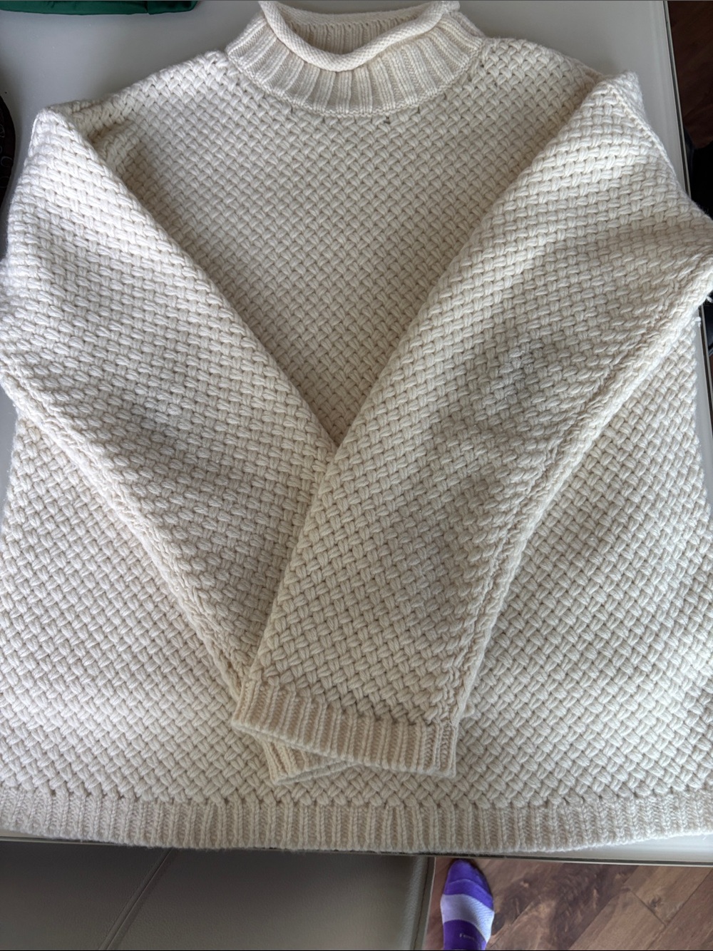 Theory Cream Woven Basketweave Turtleneck Sweater